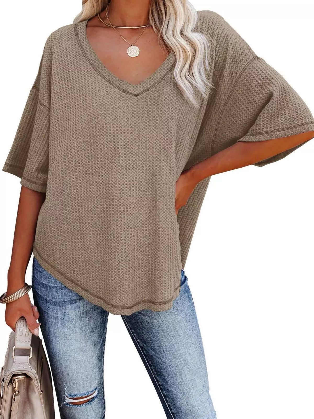 Women's Waffle Knit V-Neck Short Sleeve T-Shirt