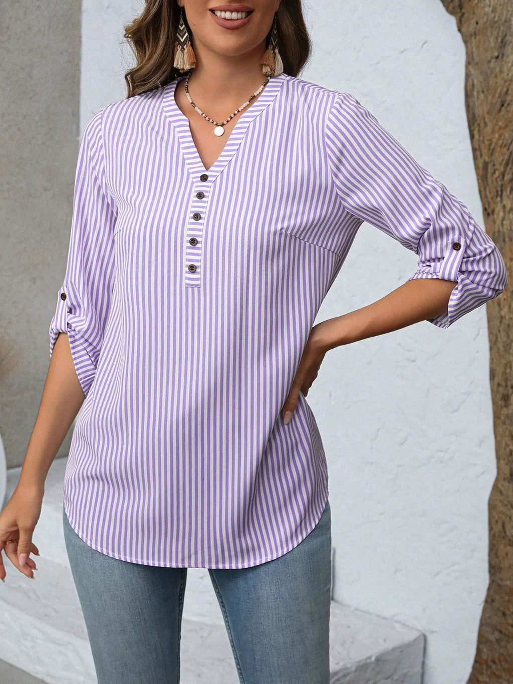 Women's Striped V-Neck Roll-Up Sleeve Blouse