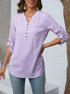 Women's Striped V-Neck Roll-Up Sleeve Blouse