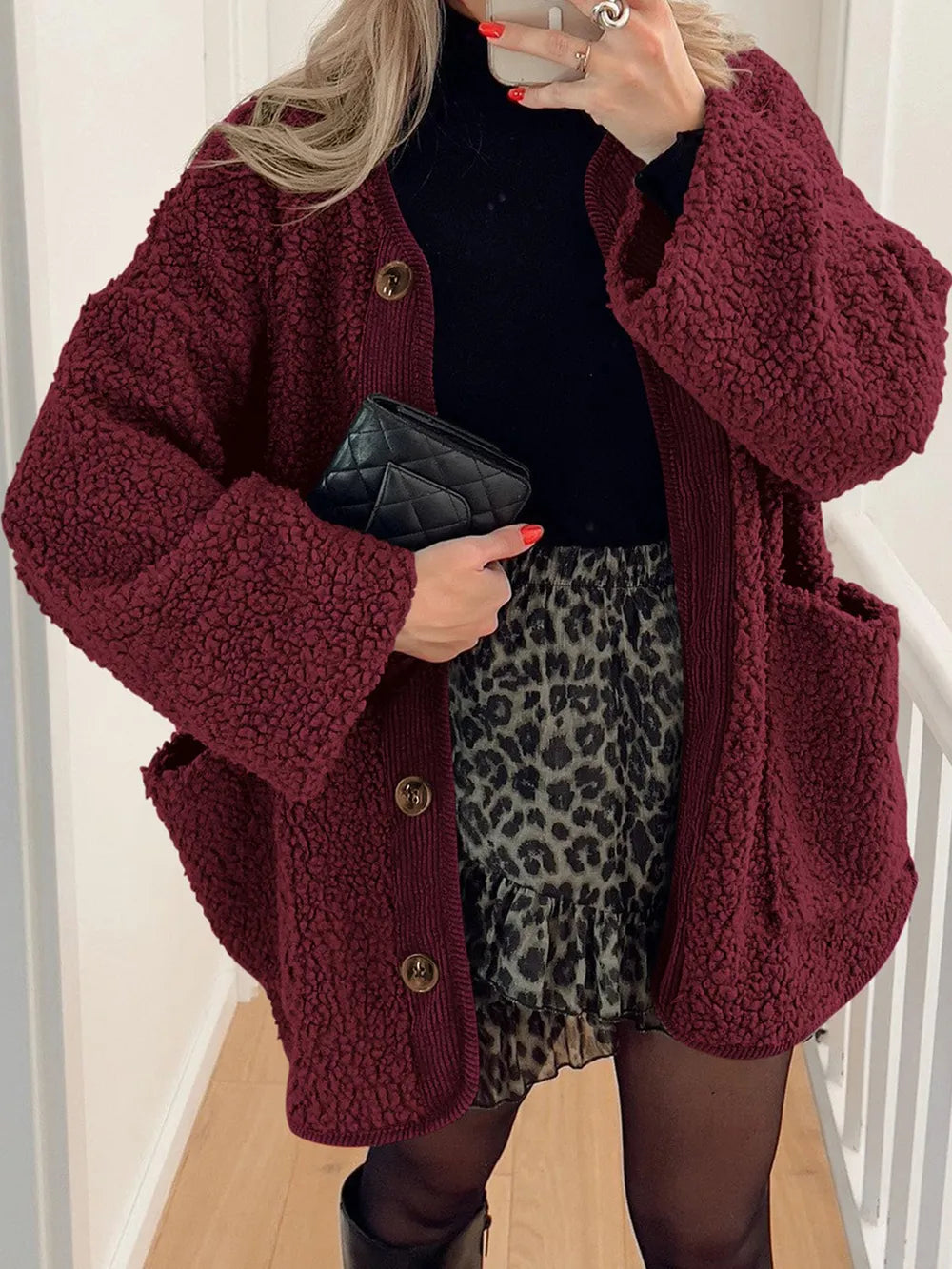 Women's Two-Tone Sherpa Button-Up Jacket with Pockets - Burgundy
