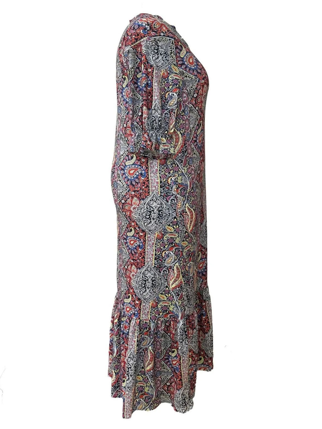 Women's Boho Paisley Midi Dress with Ruffle Hem