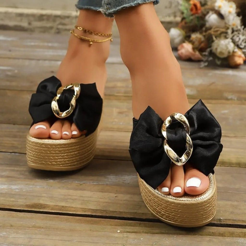 Women's Platform Wedge Sandals with Bow - Black