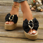 Women's Platform Wedge Sandals with Bow - Black