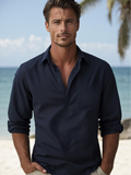 Men's Long Sleeve Open Collar Linen Shirt - Dark Blue