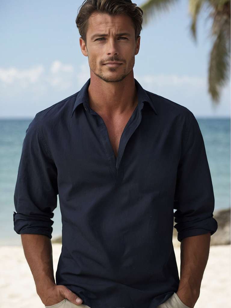 Men's Long Sleeve Open Collar Linen Shirt - Dark Blue