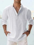 Men's Long Sleeve Open Collar Linen Shirt - White