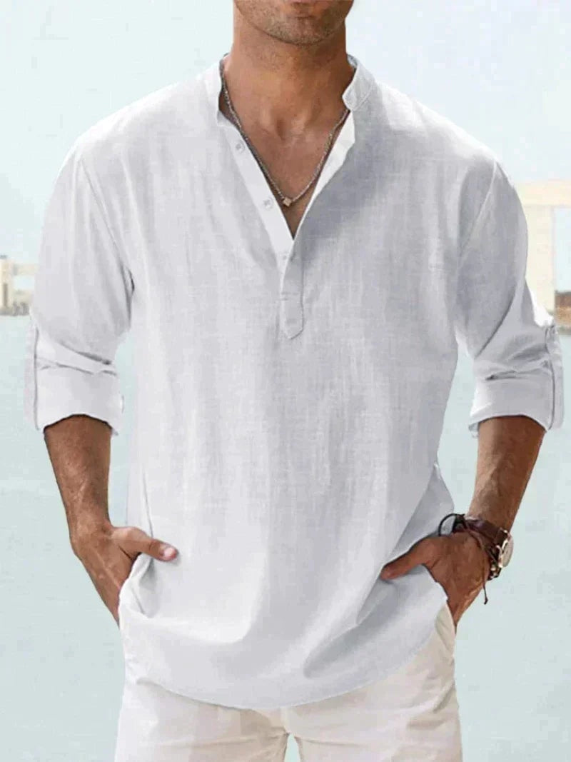 Men's Long Sleeve Open Collar Linen Shirt - White