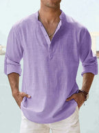 Men's Long Sleeve Open Collar Linen Shirt - Lilac