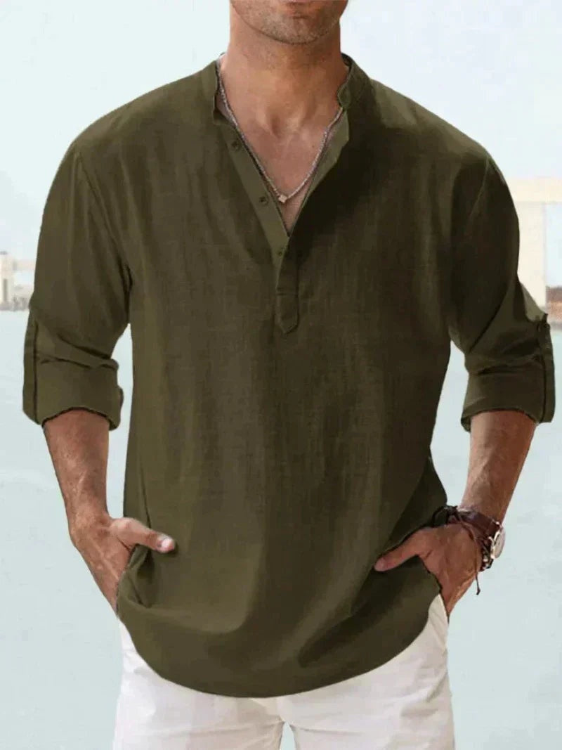 Men's Long Sleeve Open Collar Linen Shirt - Army Green