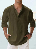 Men's Long Sleeve Open Collar Linen Shirt - Army Green