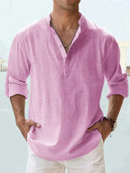 Men's Long Sleeve Open Collar Linen Shirt - Light Violet