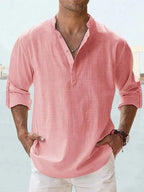 Men's Long Sleeve Open Collar Linen Shirt - Pink