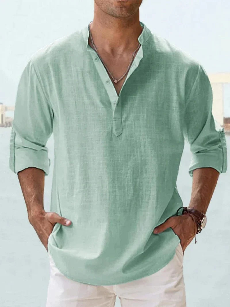 Men's Long Sleeve Open Collar Linen Shirt - Mint Green
