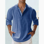 Men's Long Sleeve Open Collar Linen Shirt - Light Blue