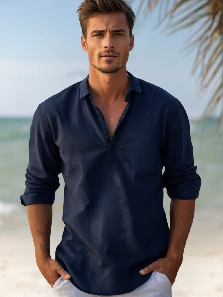 Men's Long Sleeve Open Collar Linen Shirt