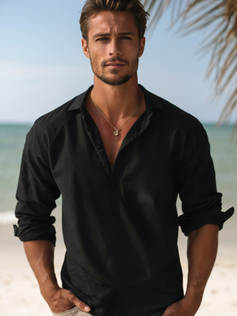 Men's Long Sleeve Open Collar Linen Shirt