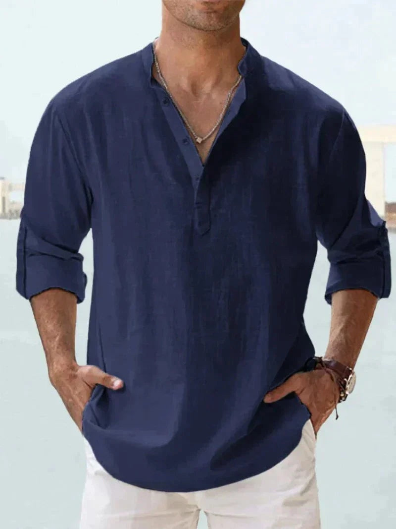 Men's Long Sleeve Open Collar Linen Shirt
