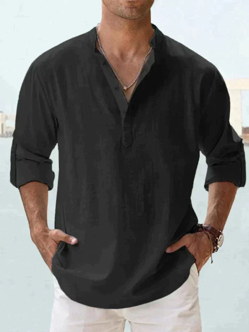 Men's Long Sleeve Open Collar Linen Shirt - Black