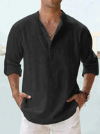 Men's Long Sleeve Open Collar Linen Shirt - Black