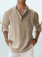 Men's Long Sleeve Open Collar Linen Shirt - Brown