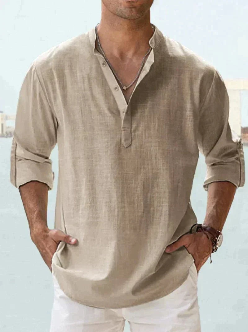 Men's Long Sleeve Open Collar Linen Shirt - Brown