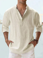 Men's Long Sleeve Open Collar Linen Shirt - Apricot