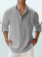 Men's Long Sleeve Open Collar Linen Shirt - Gray