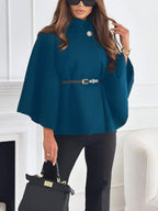 Women's Turtleneck Wool Poncho with Belt - Denim Blue