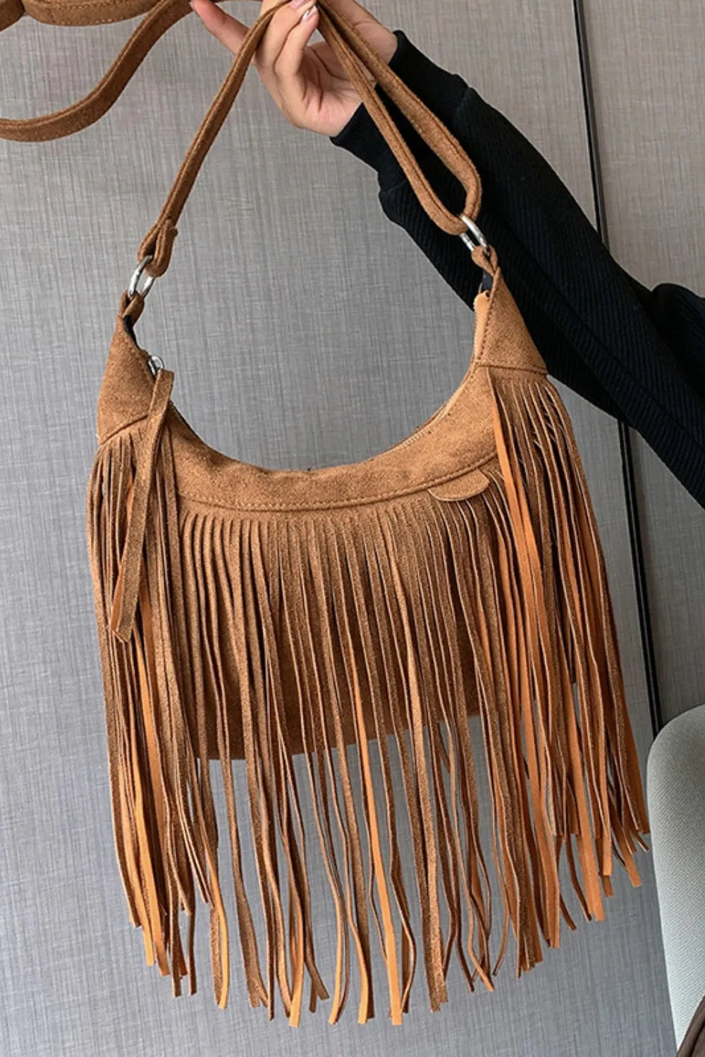 Women's Suede Fringe Shoulder Bag with Adjustable Strap