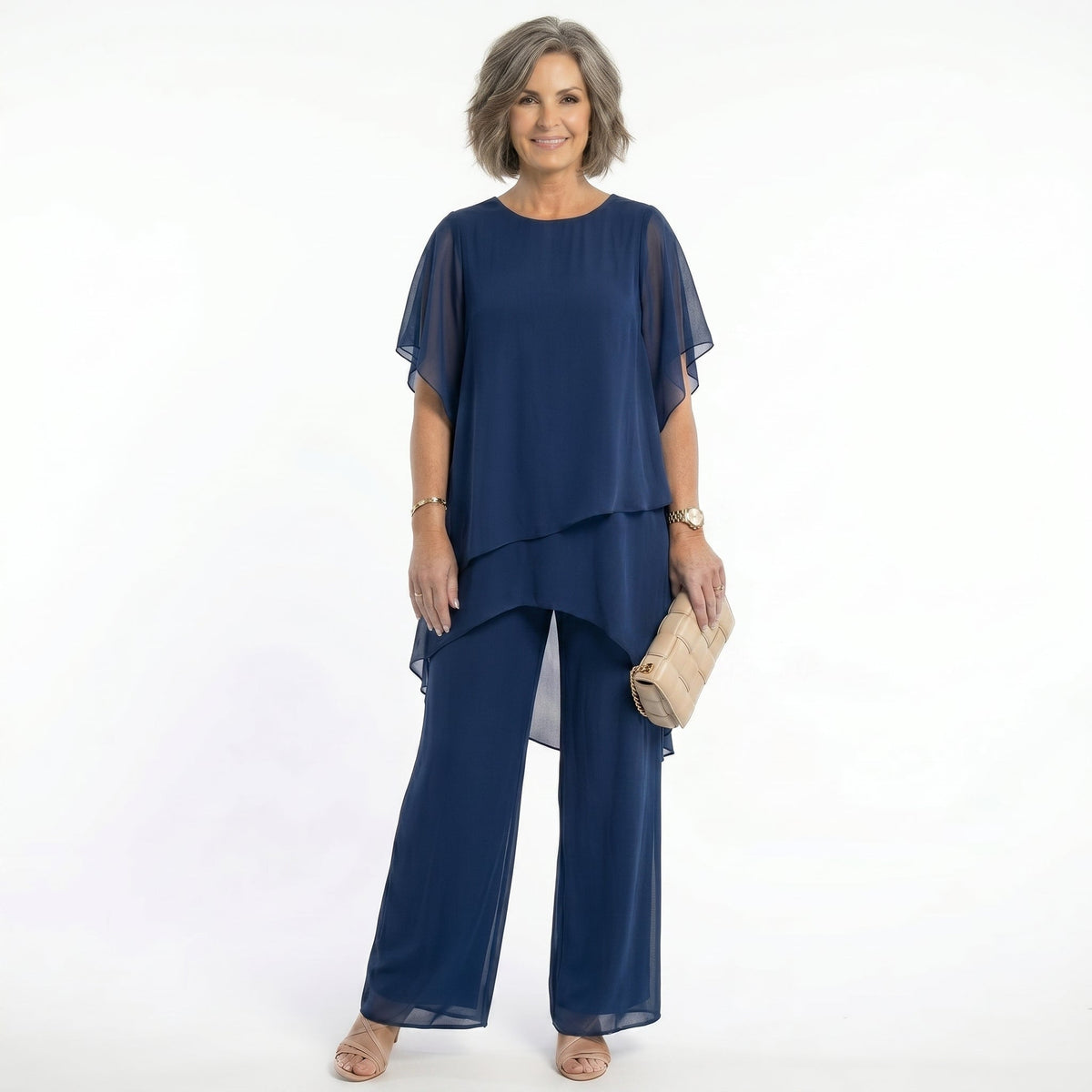 Women's Elegant Asymmetric Tunic Set for Special Occasions - Dark Blue