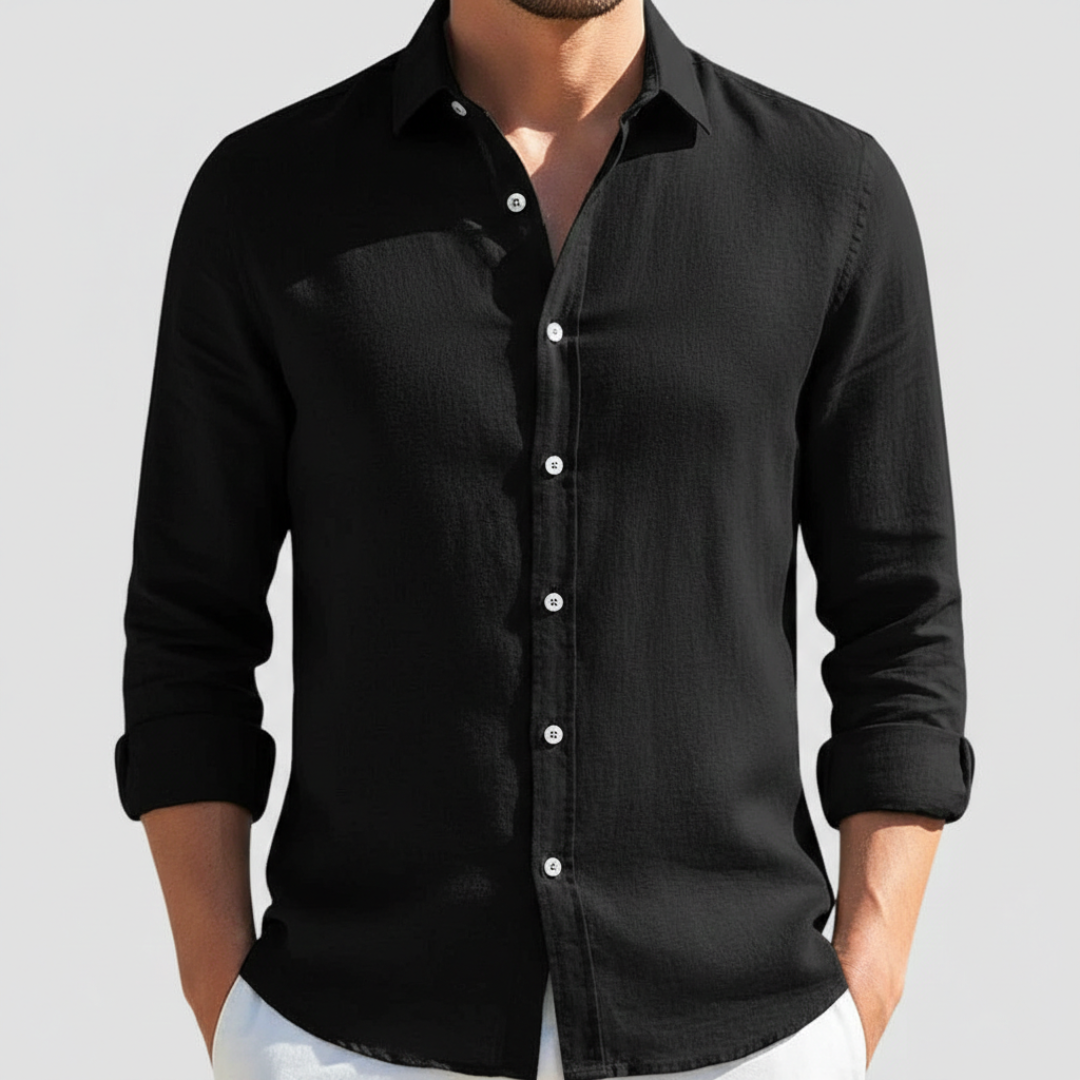 Men's Long Sleeve Open Collar Linen Shirt - Black