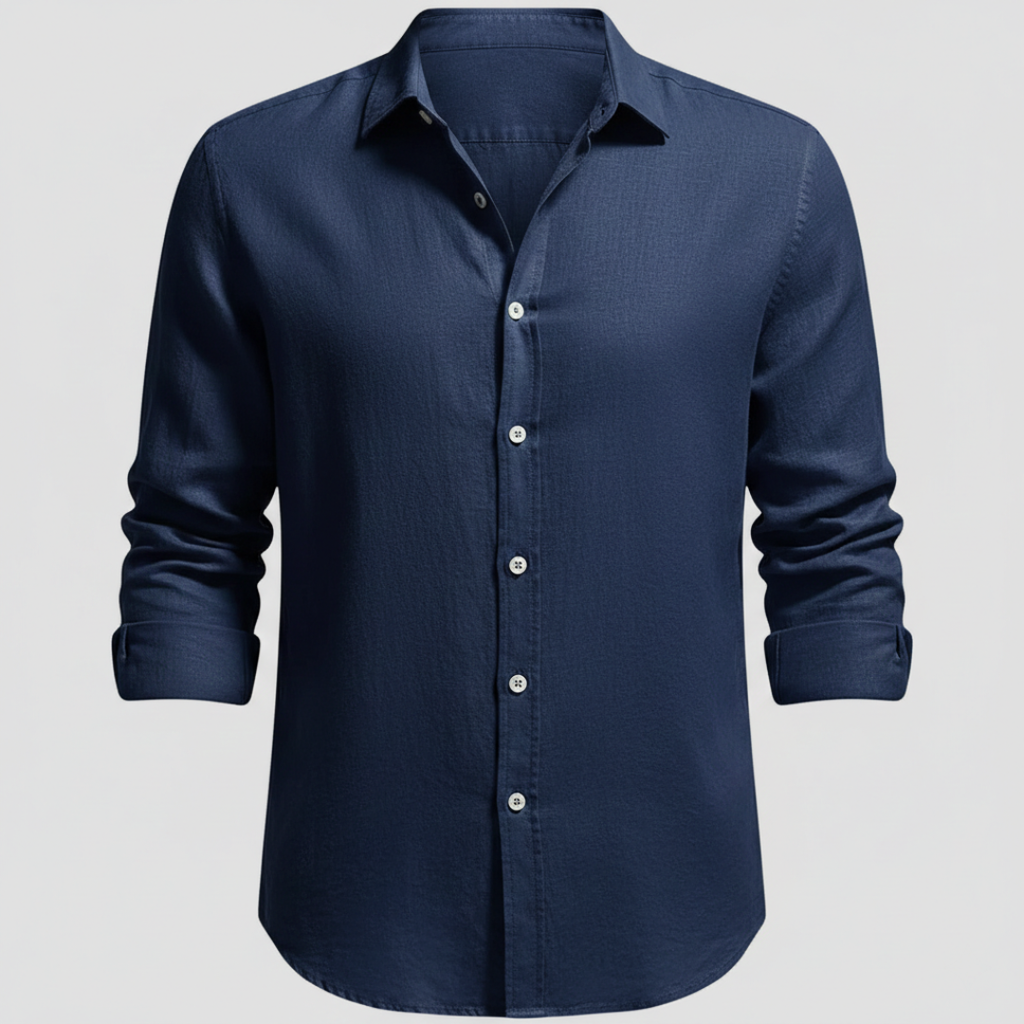 Men's Long Sleeve Open Collar Linen Shirt - Navy