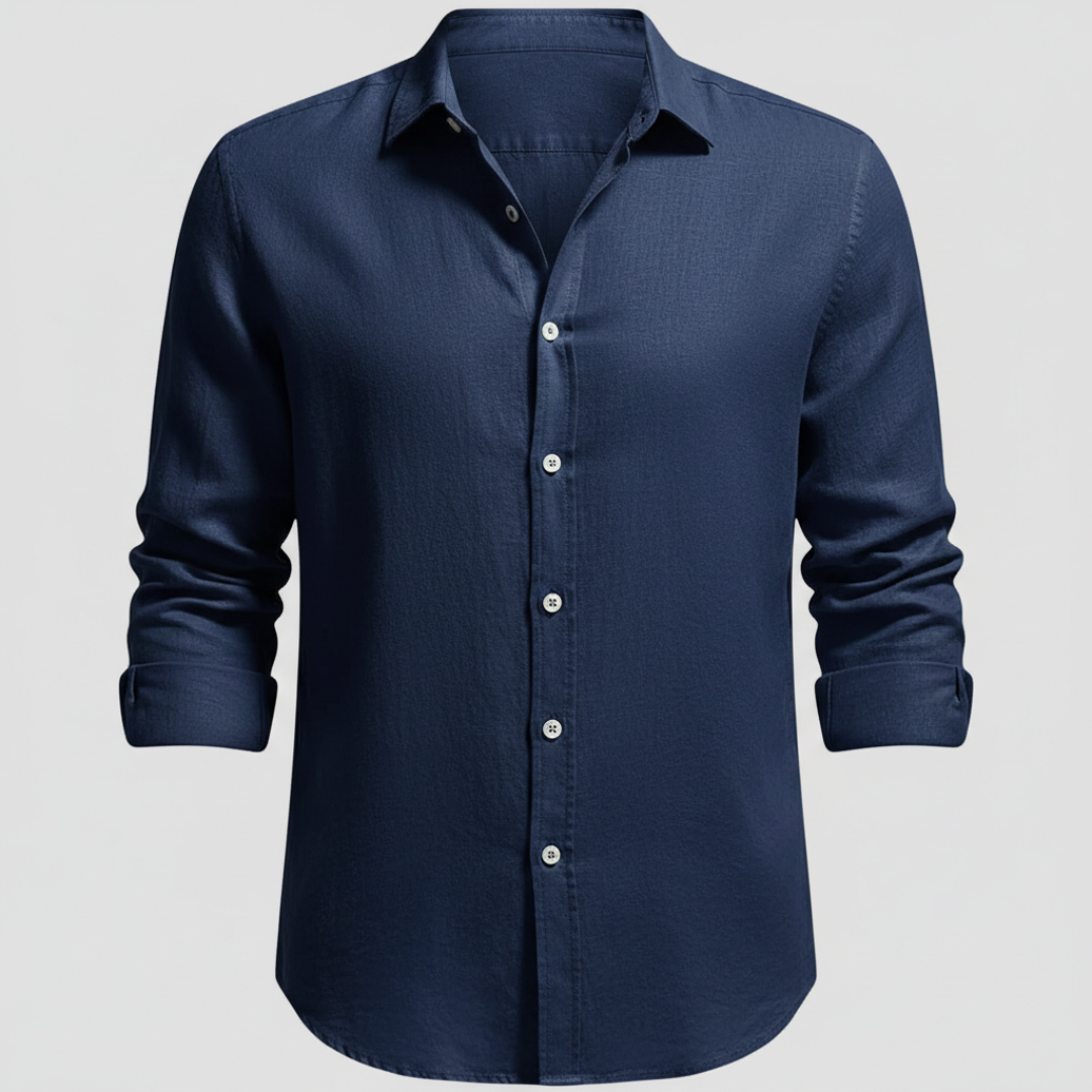 Men's Long Sleeve Open Collar Linen Shirt - Navy