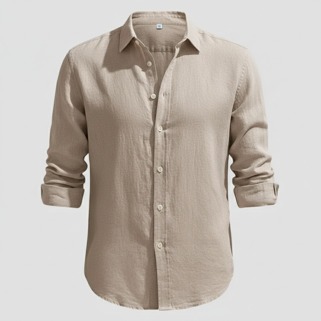 Men's Long Sleeve Open Collar Linen Shirt - Brown
