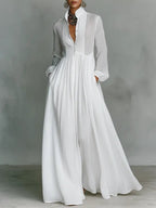 Women's Simple Long Sleeve Button Bridal Gown - White