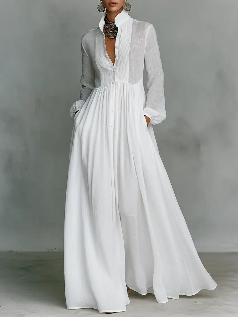 Women's Simple Long Sleeve Button Bridal Gown - White