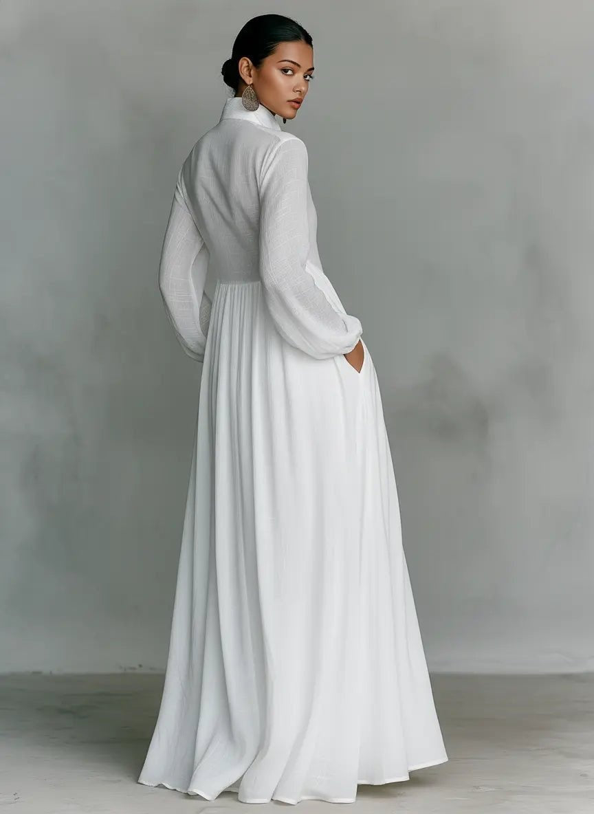 Women's Simple Long Sleeve Button Bridal Gown