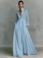 Women's Simple Long Sleeve Button Bridal Gown - Blue