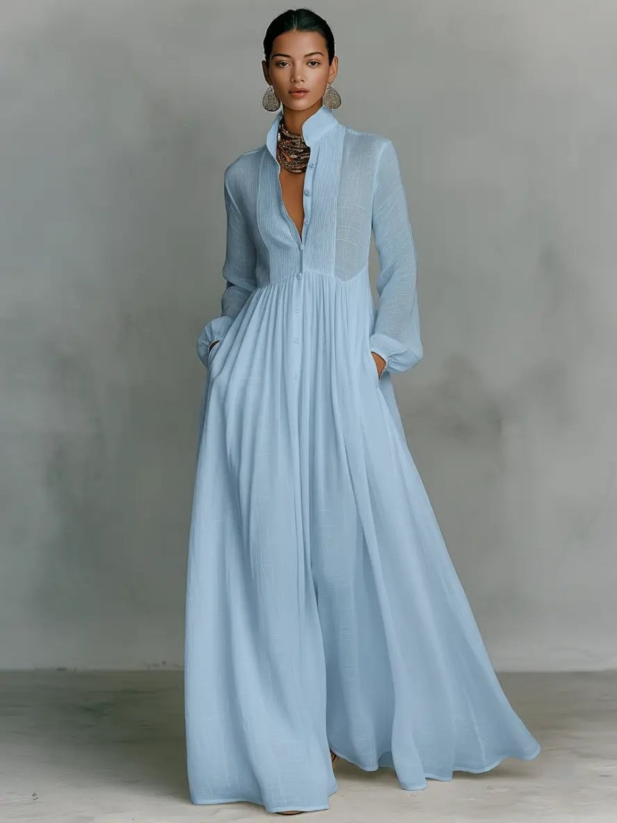 Women's Simple Long Sleeve Button Bridal Gown - Blue