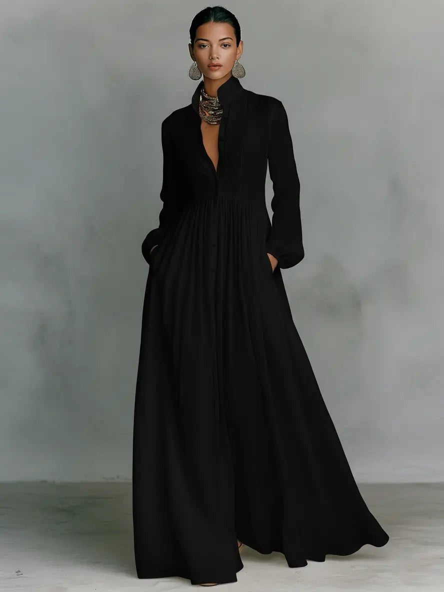 Women's Simple Long Sleeve Button Bridal Gown - Black
