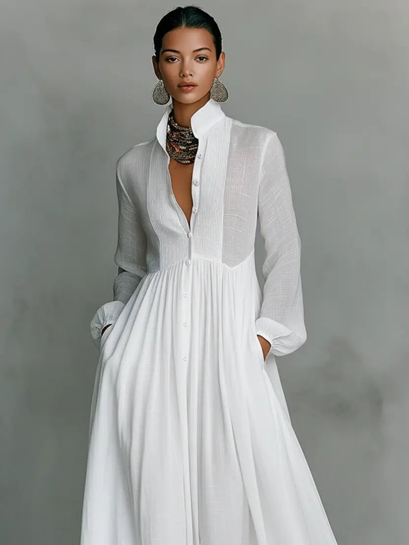 Women's Simple Long Sleeve Button Bridal Gown