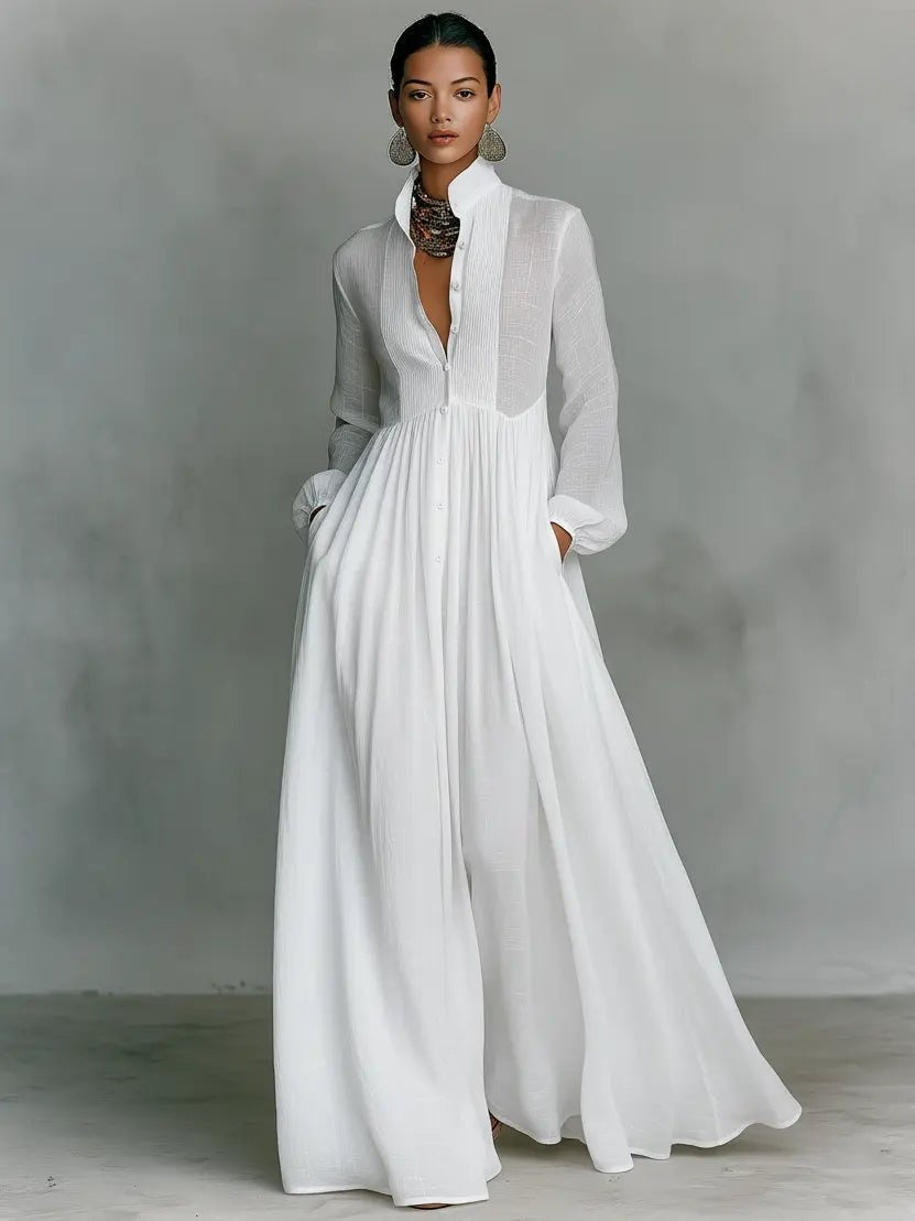 Women's Simple Long Sleeve Button Bridal Gown