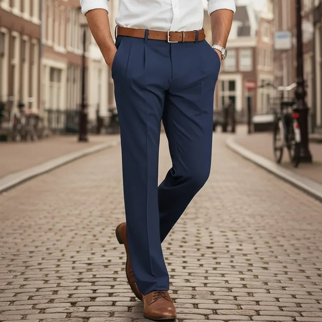 Men's Slim Fit Pleated Dress Pants - Dark Blue