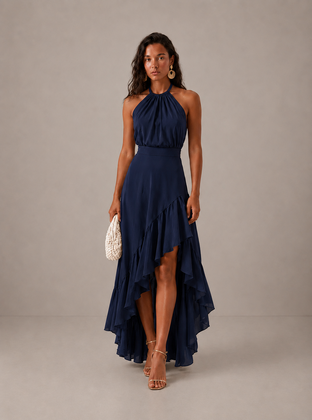 Women's Halter Neck Wedding Guest Dress with Asymmetric Ruffle Hem - Navy Blue