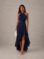 Women's Halter Neck Wedding Guest Dress with Asymmetric Ruffle Hem - Navy Blue