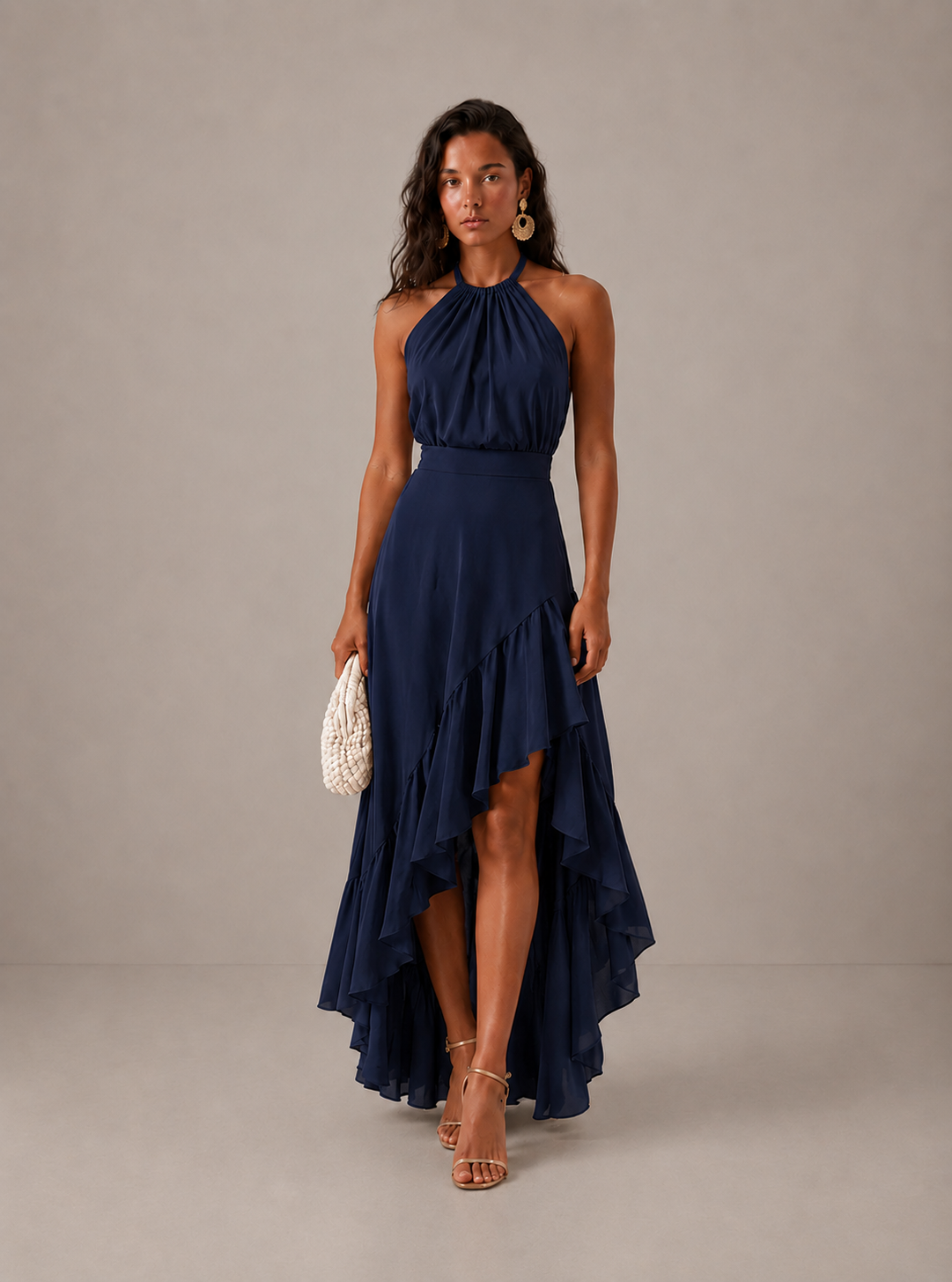 Women's Halter Neck Wedding Guest Dress with Asymmetric Ruffle Hem - Navy Blue