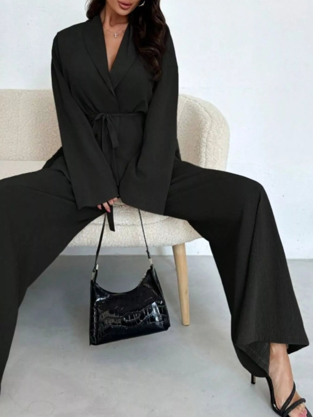 Women's Tie-Waist Top and Textured Wide-Leg Pants Set