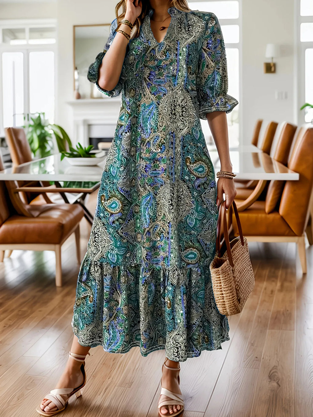 Women's Boho Paisley Midi Dress with Ruffle Hem - Teal Blue
