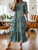 Women's Boho Paisley Midi Dress with Ruffle Hem - Teal Blue