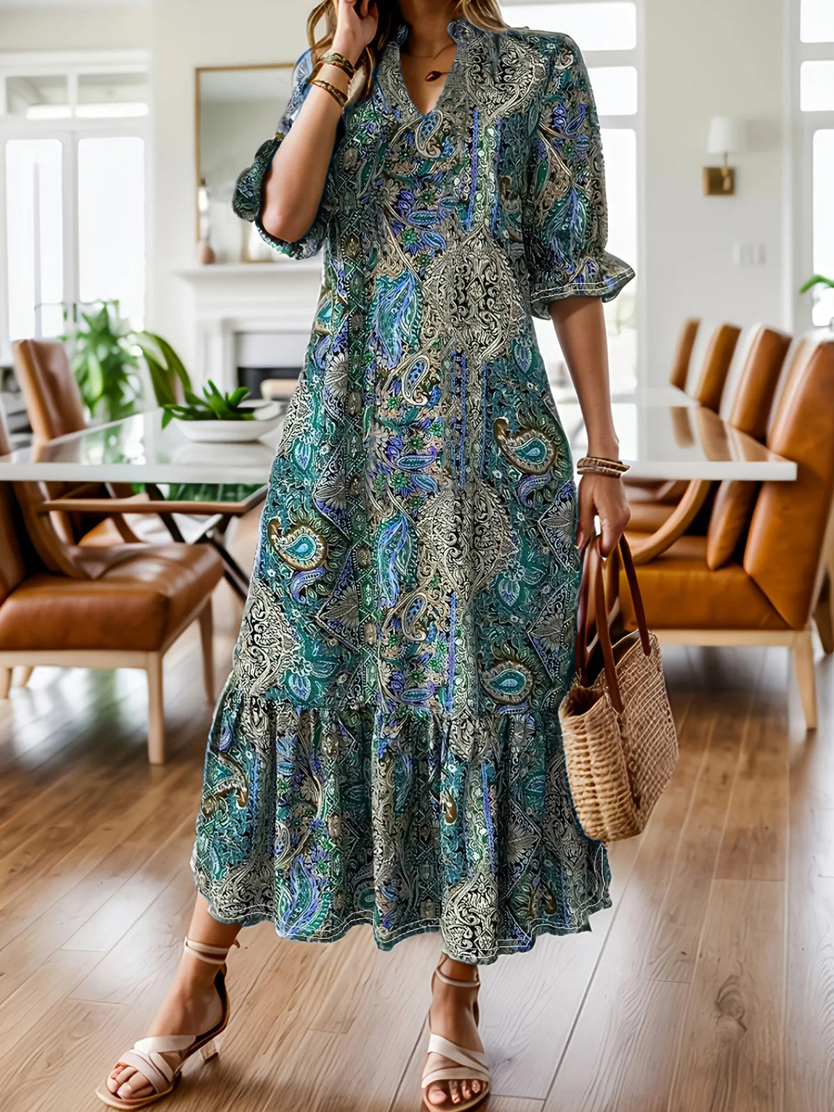 Women's Boho Paisley Midi Dress with Ruffle Hem - Teal Blue